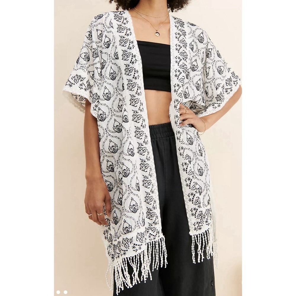 Anthropologie Printed Fringe Duster L/XL White Lace Black ‎ Embroidery Boho